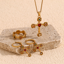 欧美气质复古高级创意项链不锈钢镀18K金彩钻玫瑰十字架吊坠耳环