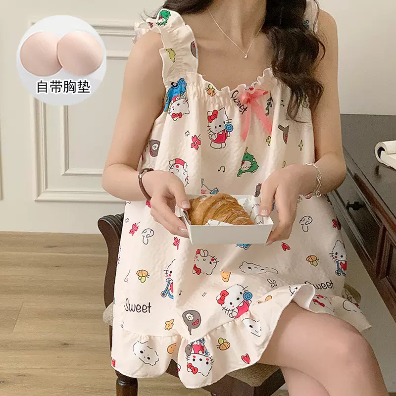 女士薄睡衣带胸垫夏季短裤新款无袖吊带家居服两件套装甜美泡泡棉