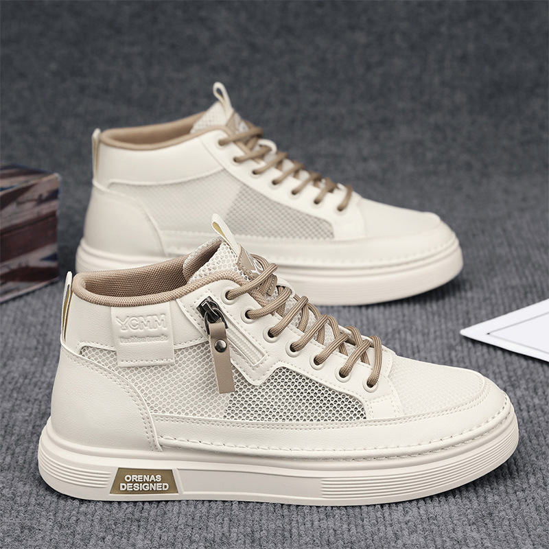 Zapatos de hombre transfronterizos primavera red transpirable delgada hueco zapatos de red deportivos casuales con suela gruesa y altura zapatos de tabla blanca
