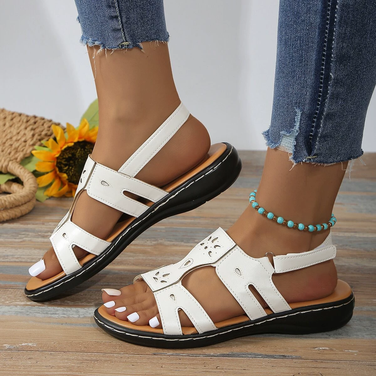 Wish Внешняя торговля Новый спот Амазонка трансграничный 43 больших размеров толстые подошвы на склоне каблуке женская обувь липучка наклейки сандалии женский