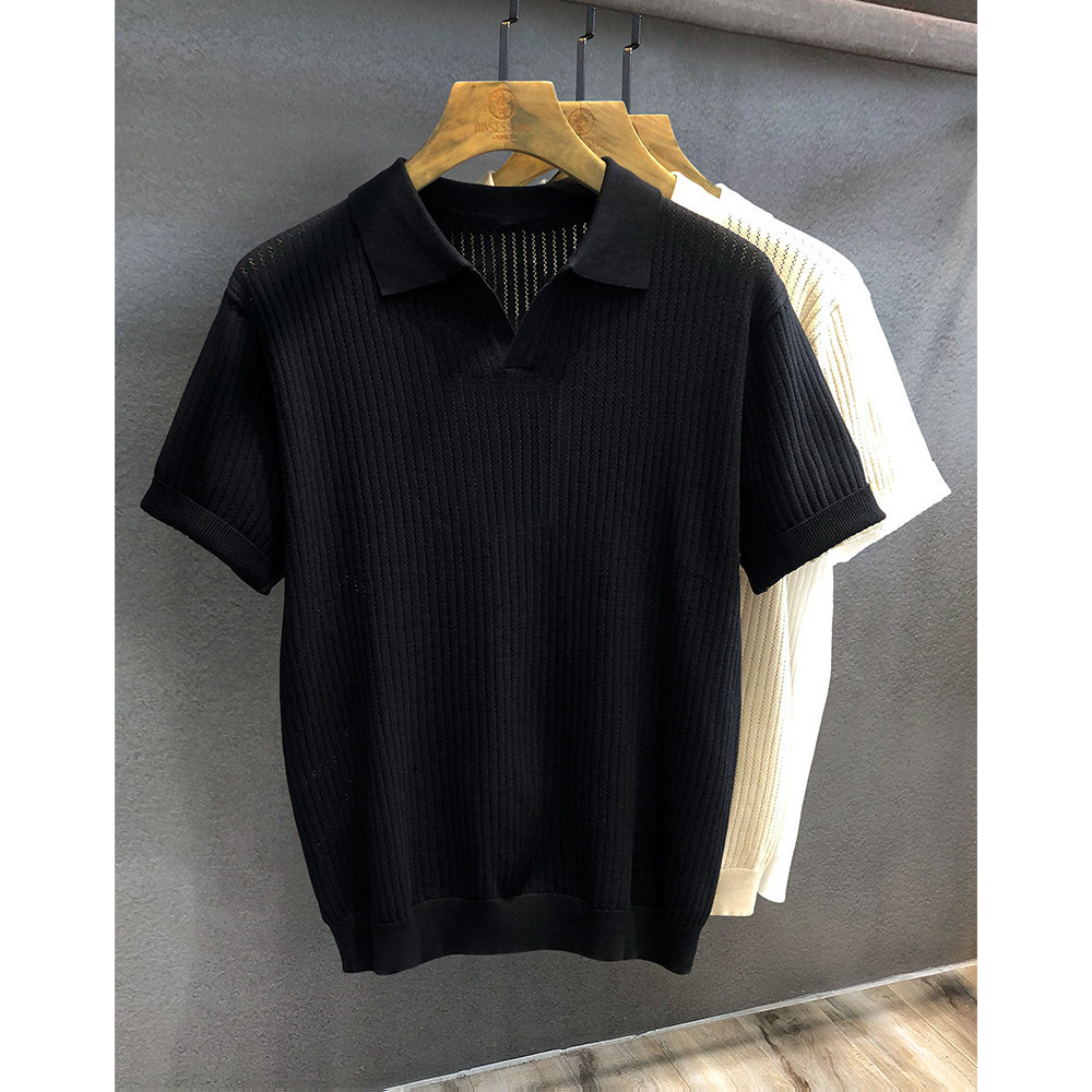 Camisas de polo de manga corta de estilo antiguo, camisetas de punto de cuello en V de hombre, camisetas de textura hueca de gaviota, fábrica de verano al por mayor. image 8