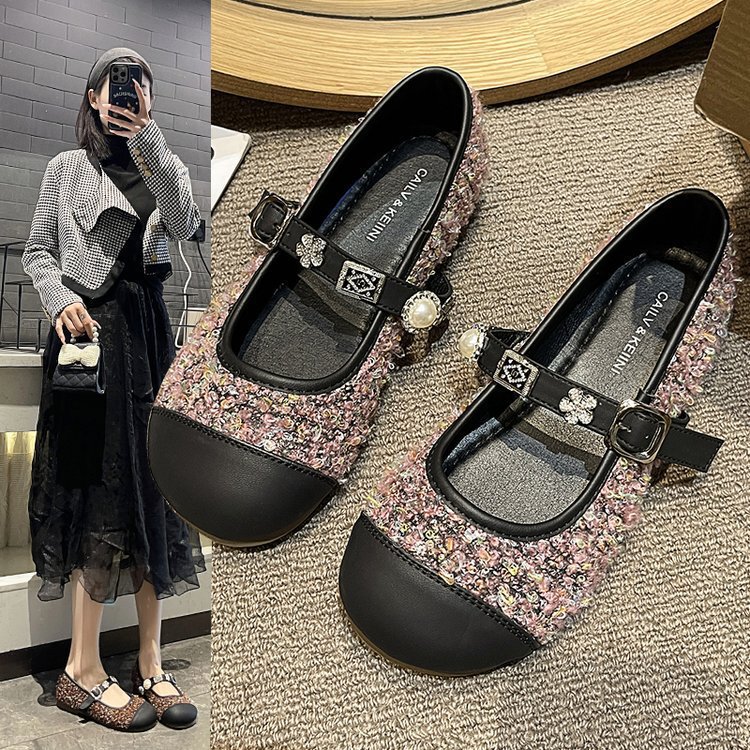Fragrant Style Round Head Sequins Mary Jane Shoes Women's Spring and Autumn New French Shallow Mouth Flat Single-layer Shoes Low Heel Small Leather Shoes Trendy
