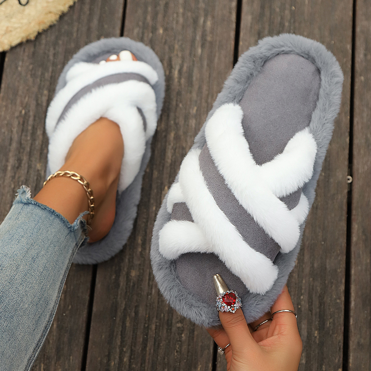 Zapatillas peludas de invierno para mujeres, zapatillas cómodas de invierno para interiores, zapatillas de algodón peludas de casa
