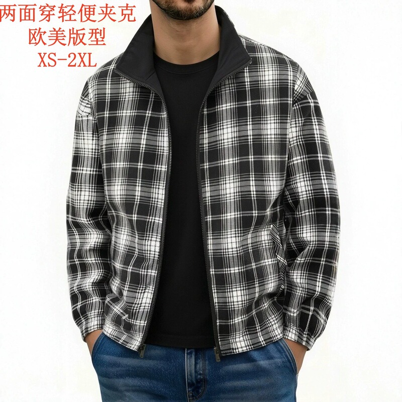 European and American men's reversible lightweight jacket, spring and autumn stand-up collar trench coat, golf jacket, plaid baseball jacket