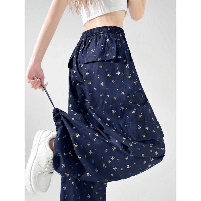 Navy Blue Pants for Women, New Summer Style, American Style, Super Stylish Floral Wide-Leg Cargo Pants, Street Dance Pants, Sports Pants Wholesale