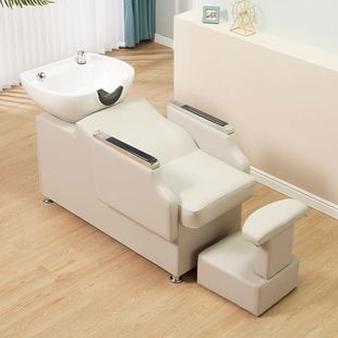 Mu Ren Shampoo Bed for Barber Shop, High-End Ceramic Semi-Reclining Hair Salon Haircut Stainless Steel Rinsing Bed