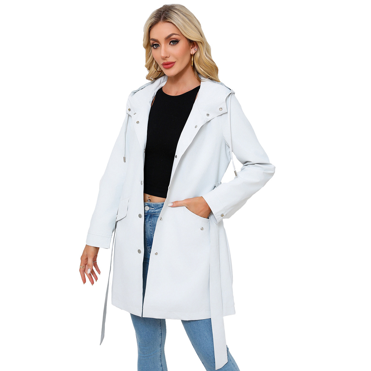 Women's Clothing Spring and Autumn Hooded Water Repellent Jacket with Belt Thin Casual Loose Windbreaker _voghion.com