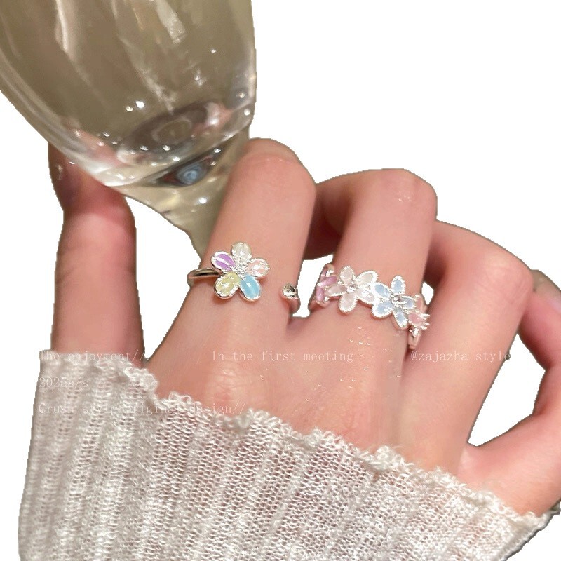 温柔仙女～彩色开口花朵戒指女小众设计感百搭食指戒独特绝美指环|undefined