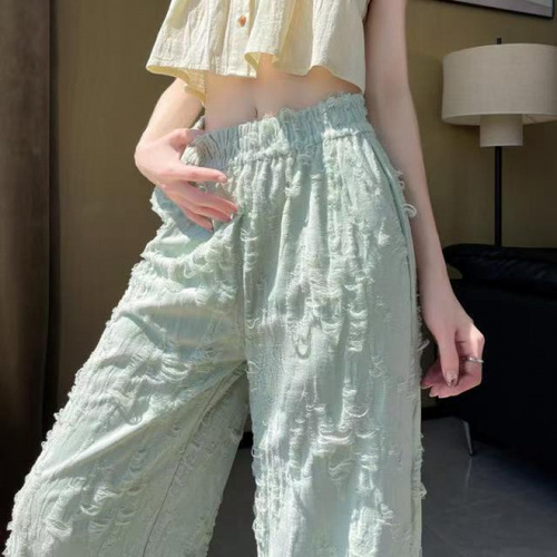 American style broken hole wide-leg pants for women's summer 2025 new style high-waist drag-feeling loose straight casual pants