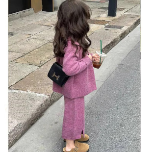 Korean version of children's clothing autumn and winter foreign style new girls retro temperament fashion solid color knitted sweater wool pants suit fashion