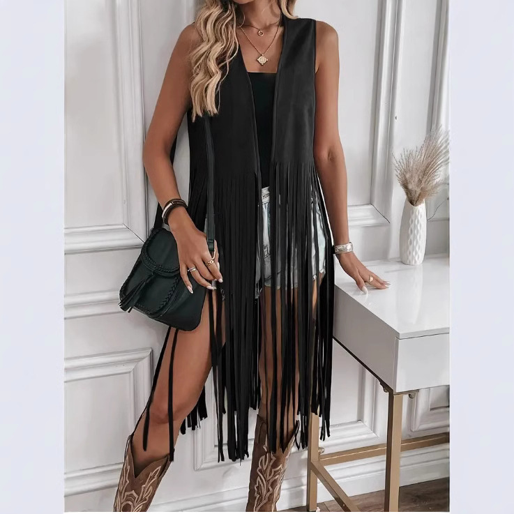 2025 European and American Style Cape Suede Tassel Vest Jacket Women Sleeveless Mid-length Vest