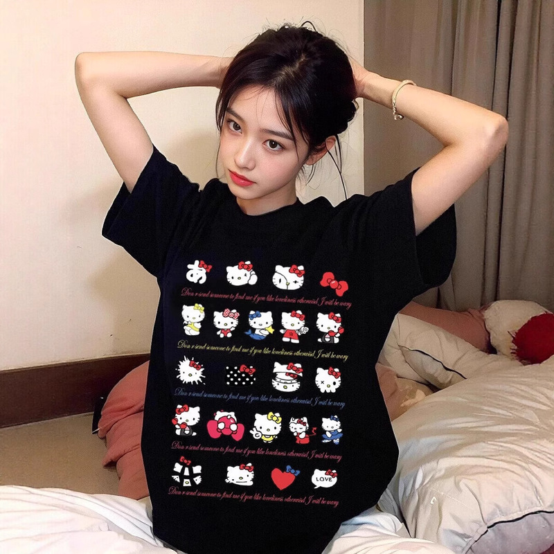 Black Kitty Hello Kitty Short-Sleeved T-Shirt for Women Summer New Sweet Design Loose Large Size Fat mm Top Trendy