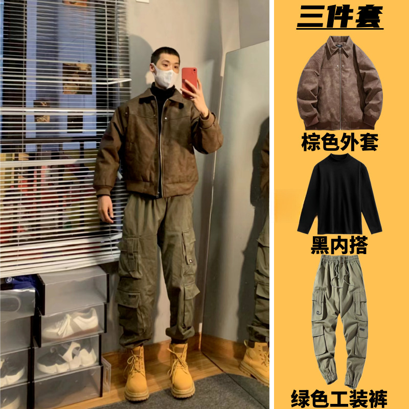 Trendy Autumn and Winter Biker Jacket Tough Guy Suit Men's American Casual Retro Workwear Leather Jacket Trendy Cotton