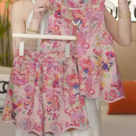 女童无袖国风短裤套装2026夏季女孩新中式好运锦鲤中大儿童两件套