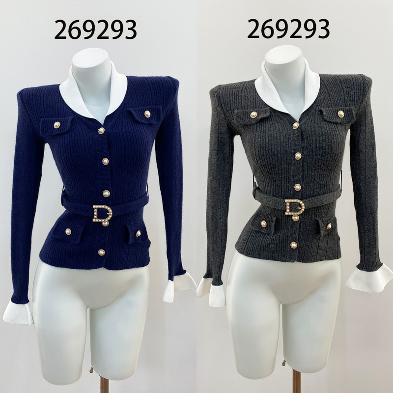 SP 269293 autumn and winter new collection: color-blocked, collared, belted, waist-cinching, flared long-sleeve knit cardigan for women
