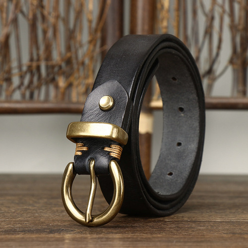 New retro pleated Korean style fashion versatile women's belt women's copper buckle genuine leather cowhide jeans belt women's style