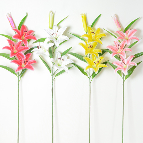 Simulation flowers single piece film 3 headed lily wedding celebration photography arrangement artificial flowers home decoration ornament manufacturer wholesale