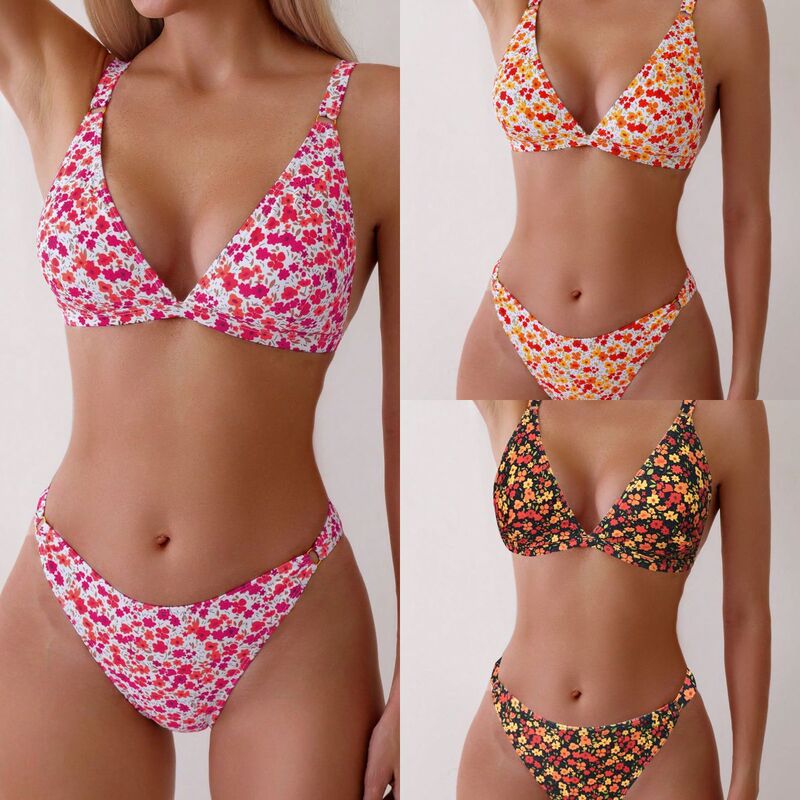 2025 European and American New Popular Printed Bikini Set Three-Point Bikin Beach Party Vacation Gathering
