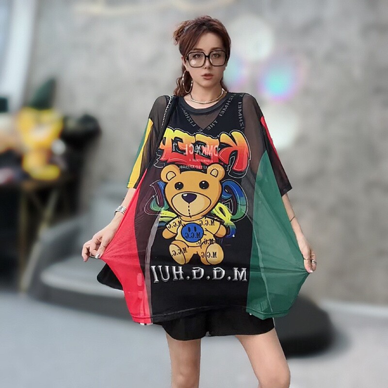 Mesh Short-sleeved T-shirt Women's Minions T-shirt New Loose Mid-length European Large Size Fashionable Brand Cartoon Round Neck Top