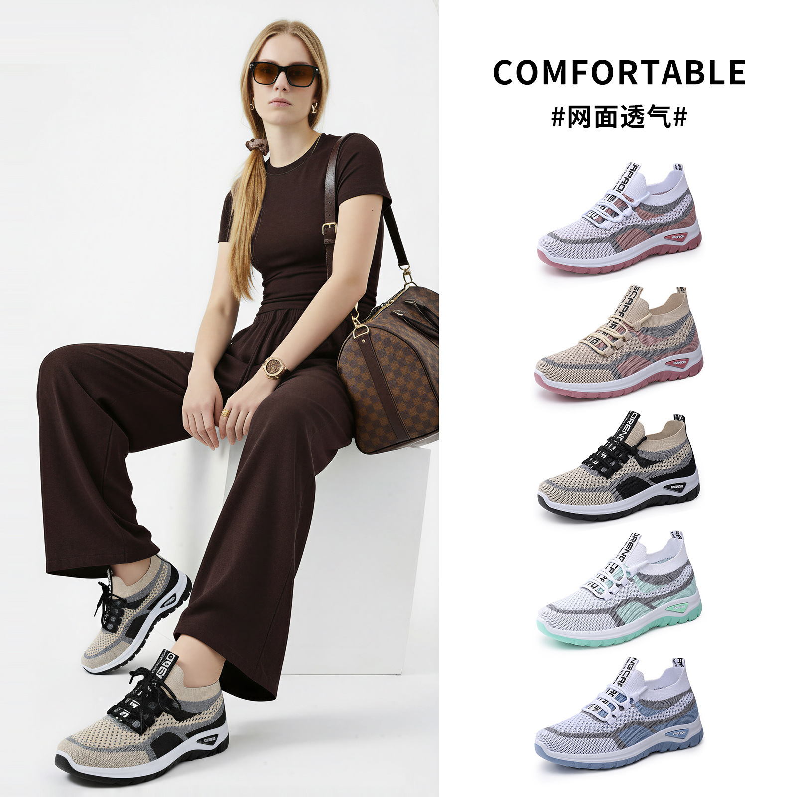 Zapatos de mujer, zapatos casuales de tamaño grande transfronterizos, zapatos de tela suave, zapatos de malla transpirables.