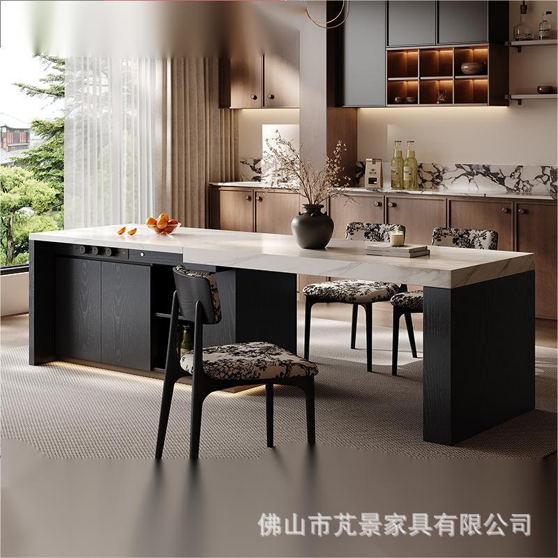 Medieval Style Slate Island Dining Table Integrated Household Retractable Solid Wood Island Table 2025 New Kitchen Lift Island Table