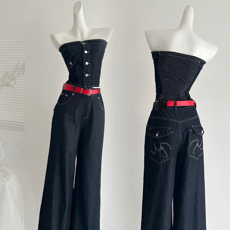 American Retro Denim Suit Pants for Women 2026 Summer Hot Girl Tube Top Wide-Leg Long Pants Two-Piece Set American Retro Denim Suit Pants for Women 2026 Summer Hot Girl Tube Top Wide-Leg Long Pants Two-Piece Set