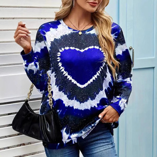 Amazon New European and American Autumn and Winter Fashion Crewneck Elegant Casual Love Printed Women Pullover Long Sleeve Top