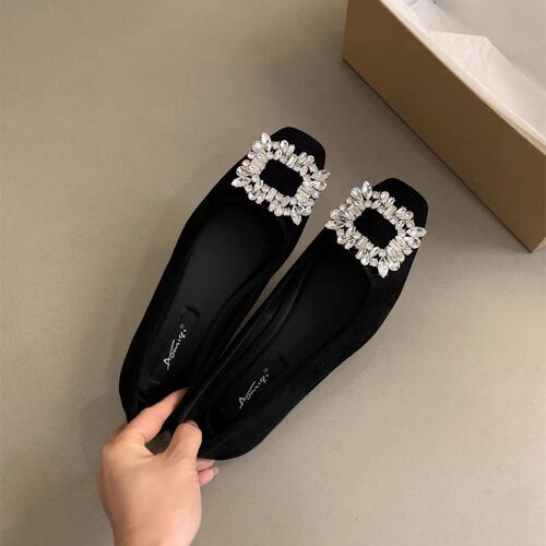 Black commuter square head rhinestones single-layer shoes for women's autumn new French flat high-quality minococcasin-minoccasin-shoes casual shoes