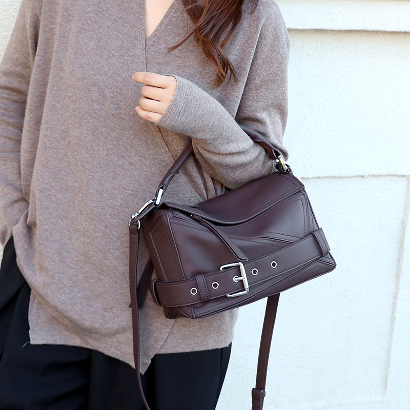2026 New Top Grain Cowhide Puzzle Geometric Motorcycle Bag Genuine Leather Large Capacity Crossbody Handbag For Women - Thumbnail 2