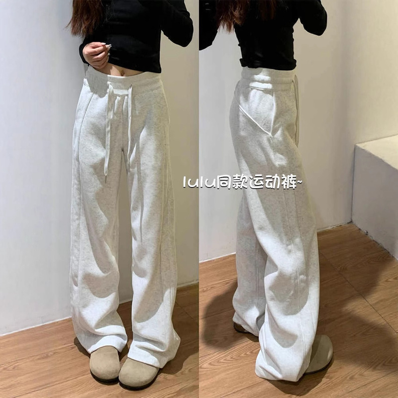 灰色lulu同款运动裤女春秋冬2025新款宽松直筒小个子窄版阔腿卫裤|undefined