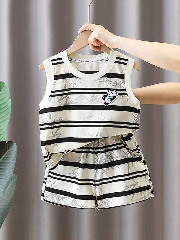 Conjunto Infantil a Rayas 7373, Nuevo Estilo 2026, Chaleco sin Mangas con Diseño de Panda para Niños, Conjunto de Dos Piezas Moderno para Bebés en Verano