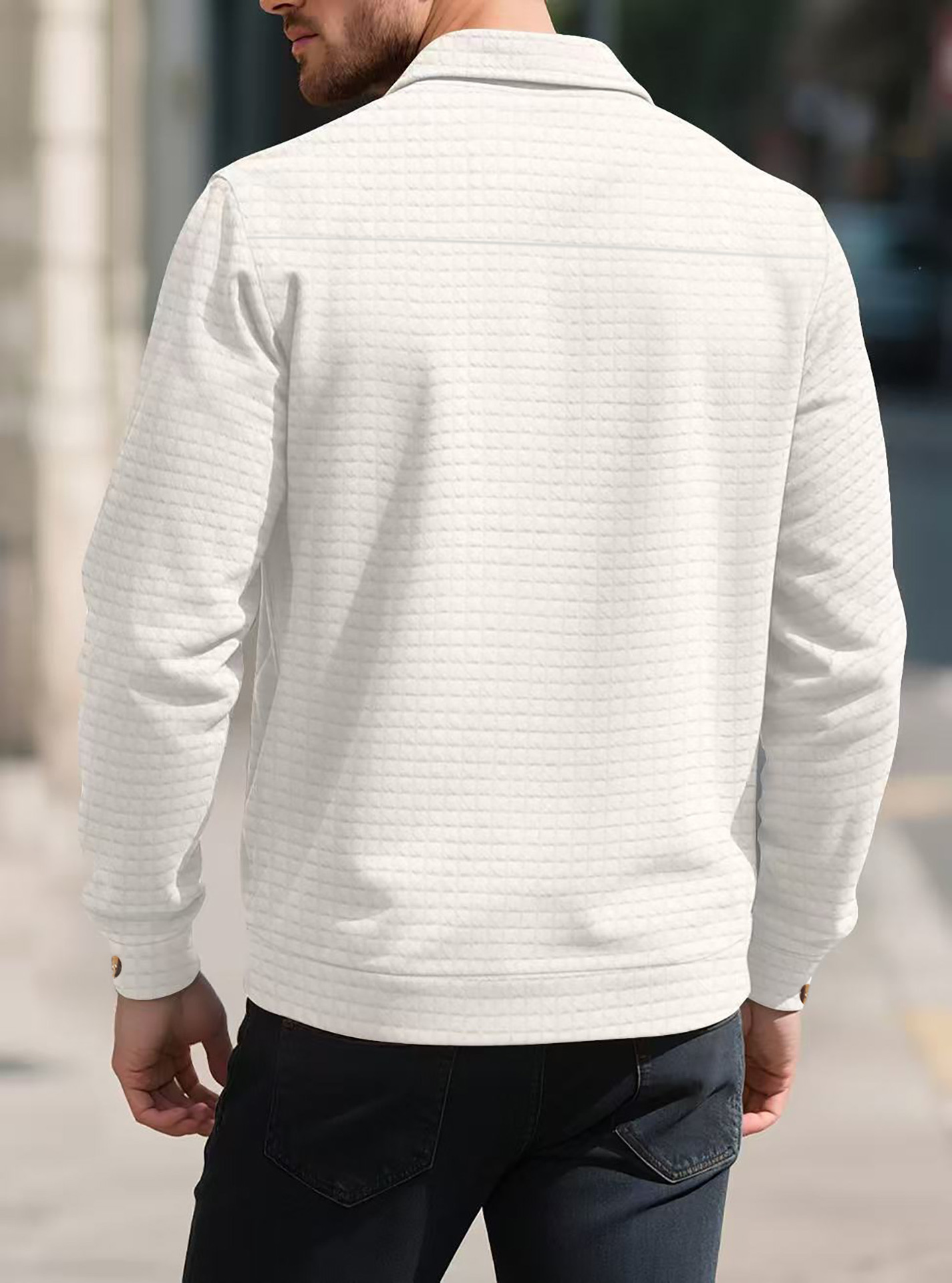 Stickad jacquardjacka för herr lös passform för hösten_voghion.com