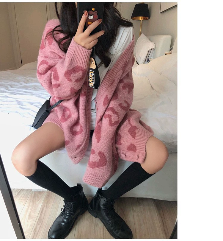 Вязаный oversized кардиган с V‑образным вырезом, полусезон леопардовый принт, единый размер