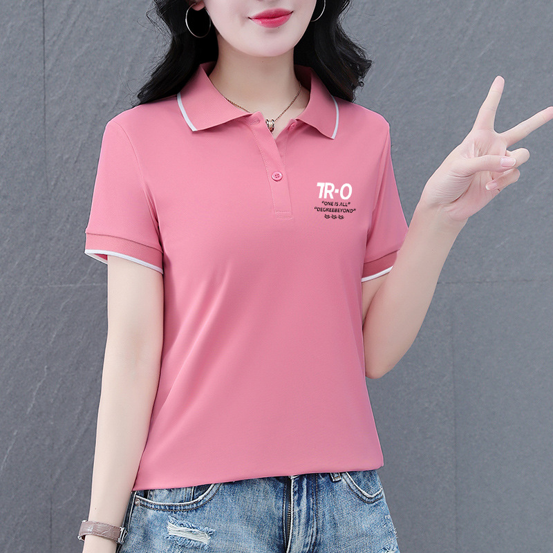 冰丝速干撞色翻领时尚休闲短袖POLO衫女夏季简约通勤工作有领T恤