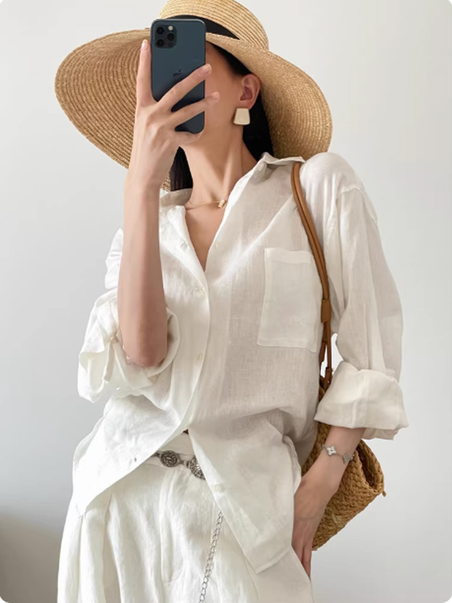 Áo sơ mi nữ linen Pháp Klein Blue dáng rộng chống nắng mùa hè — màu trắng, Xanh da trờicolor