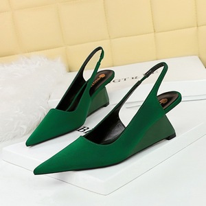 1097-2 Korean Edition Fashion Simple High Heel Slope Heel Shallow Notched Pointed Hollow Back Strap Banquet Women's
