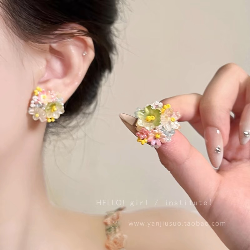 绿色海岛串珠花朵耳钉女2025新款海边度假风耳环夸张配饰耳饰|undefined