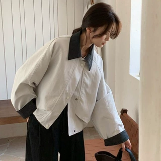 琪镌绘制翻领外套女2026秋季日韩宽松大码工装卷边袖风衣女94320