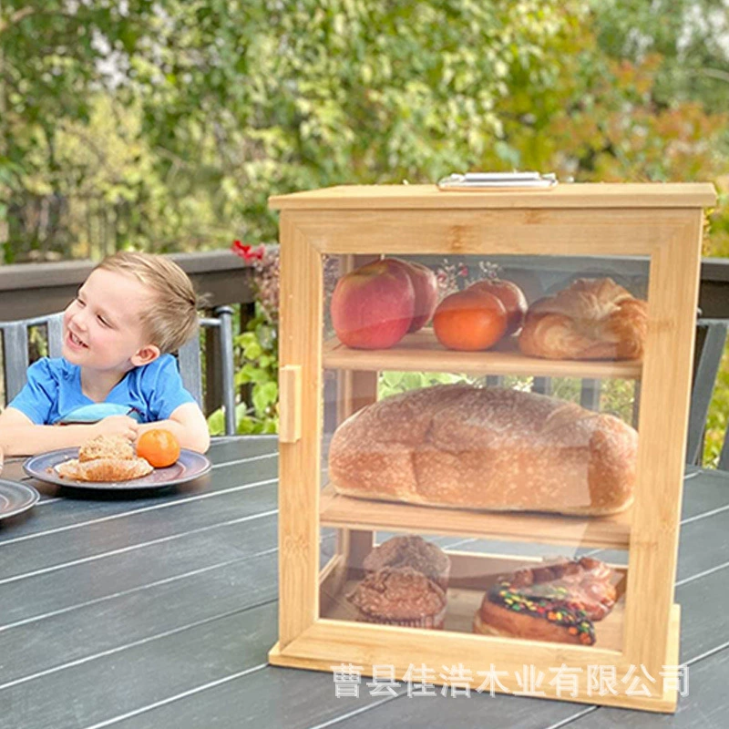 Кросс-бордерная бамбуковая коробка для хлеба, контейнер для хранения закусок и тортов на кухонной столешнице, прозрачный двухслойный хлебница