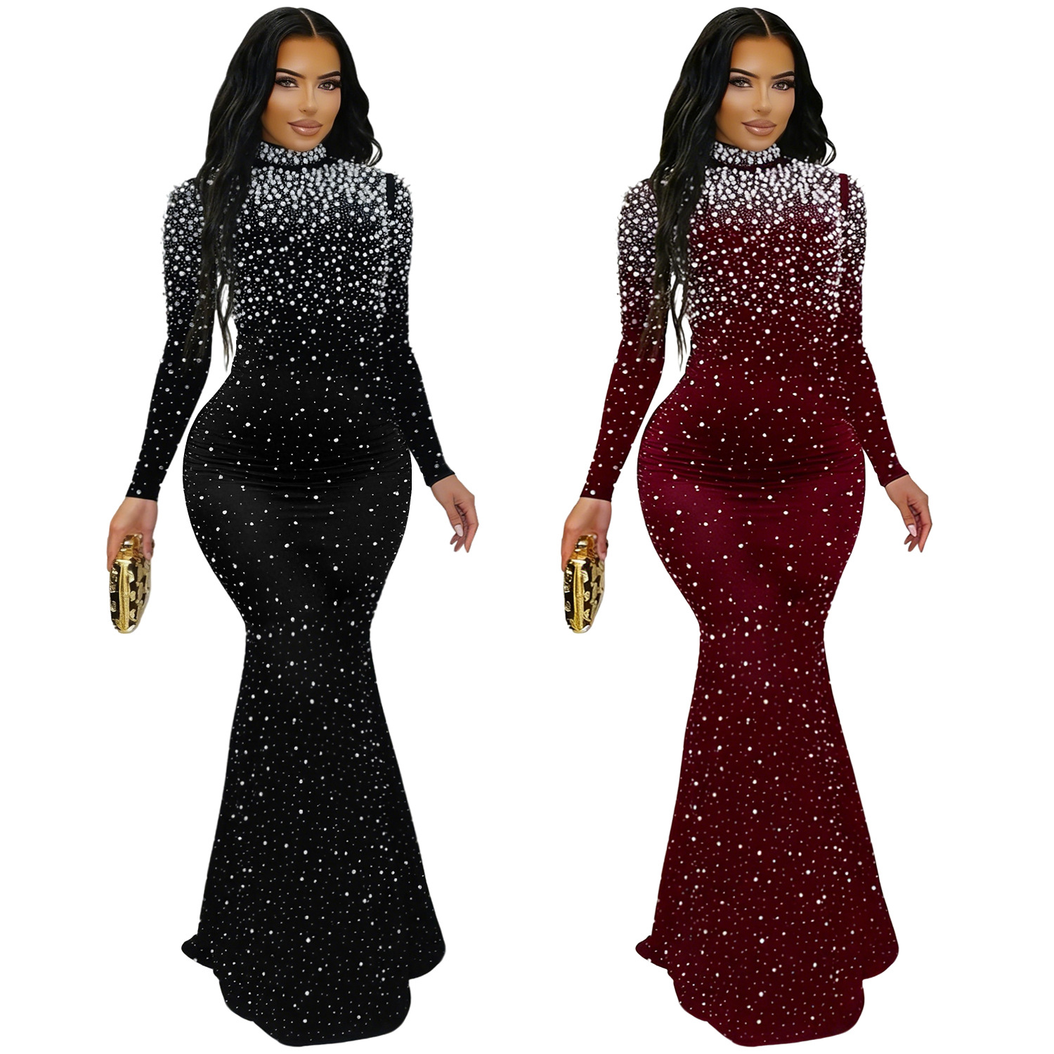 C7622 Aliexpress transfronterizo Amazon Europa y América moda de mujer elegante cuello alto bolsas de diamantes calientes vestido de cadera image 6