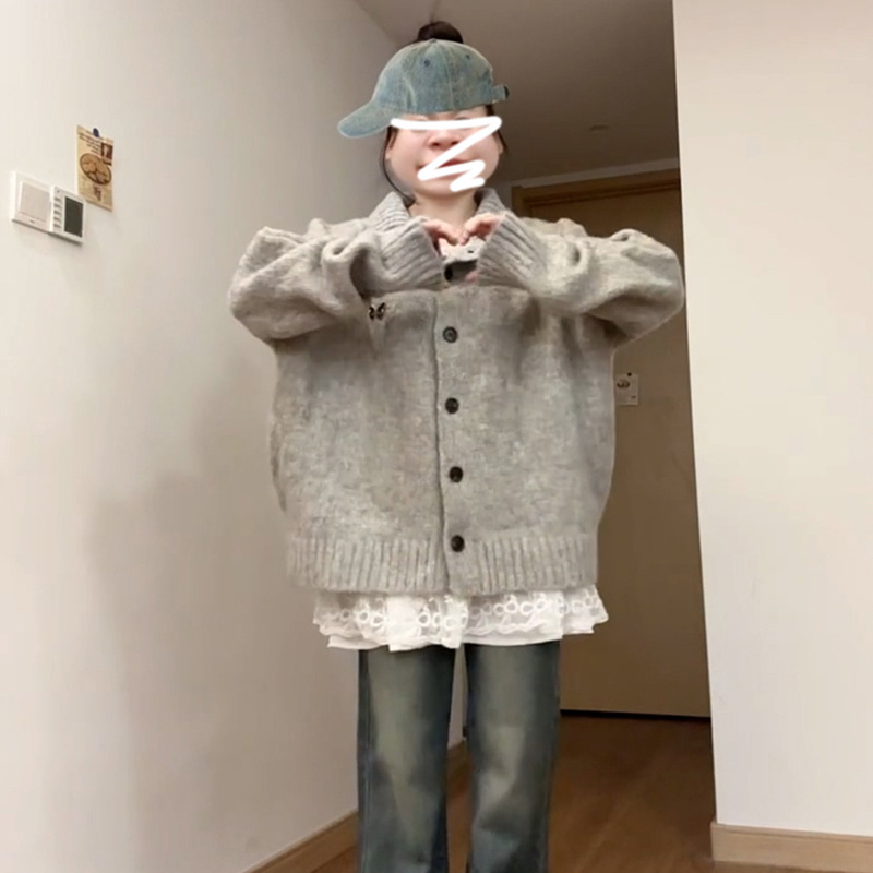 慵懒风甜美女翻领针织开衫粉色毛衣女新款初秋季韩系休闲宽松上衣|undefined