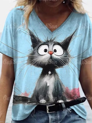 Amazon 2025 Bestselling Women's European and American Clothing V-Neck T-Shirt with Small Animal Print, Casual and Fashionable V-Neck Short-Sleeve