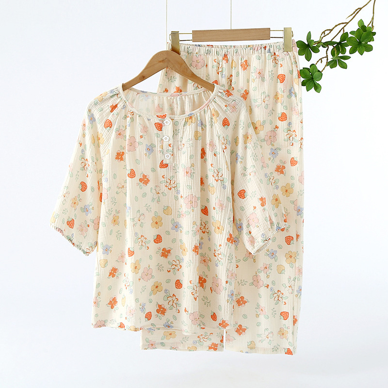 Women's Summer Pajamas, Double-Layer Pure Cotton Crepe, Round Neck, Short Sleeves, Cropped Pants, Home Wear, Loose Fit, Plus Size Set Women's Summer Pajamas, Double-Layer Pure Cotton Crepe, Round Neck, Short Sleeves, Cropped Pants, Home Wear, Loose Fit, Plus Size Set