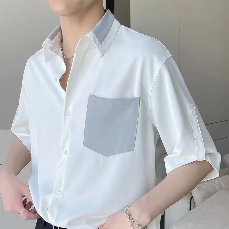Camisa de manga corta de verano Camisa suelta casual de negocios para hombres Bolsillo de todo fósforo para estudiantes Tendencia blanca