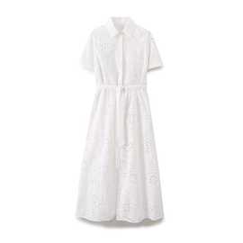 外贸2024欧美春新款时尚翻领短袖纯白色刺绣衬衫连衣裙女2614271