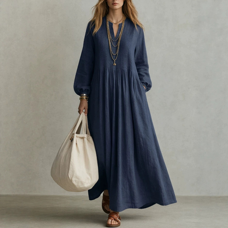 Cross-border foreign trade European and American 2026 new women's long dress, casual loose V-neck long-sleeve pleated cotton-linen dress for women