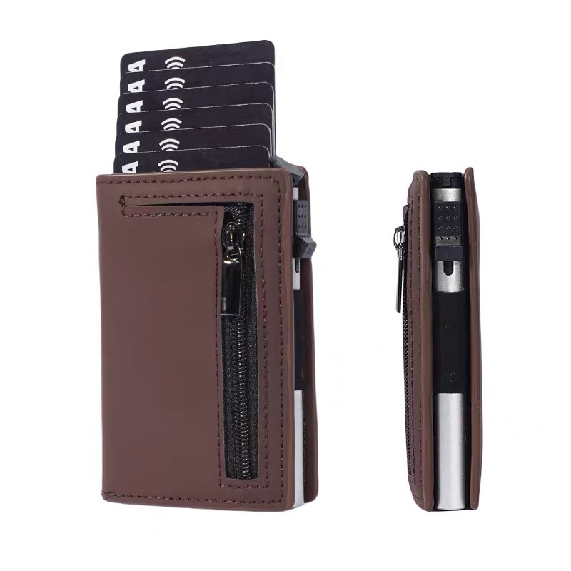 New Genuine Leather Men's Wallet with Automatic Pop-Up Credit Card Holder, Ultra-Thin Anti-Theft Card Holder, Metal Card Case