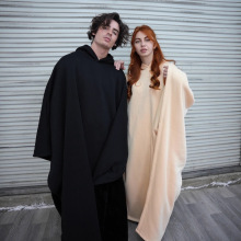 2025跨境欧美TEMU秋冬朋克宽松连帽纽扣毛呢宽松斗篷上衣男女同款