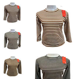 秋冬季中老年女士加厚德绒圆领长袖上衣七彩螺纹棉大码条纹打底衫