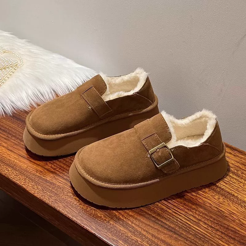 Снежные сапоги женские зимние 2024 новые толстые подошвы волос один педаль ленивый хлеб женские туфли с бархатом